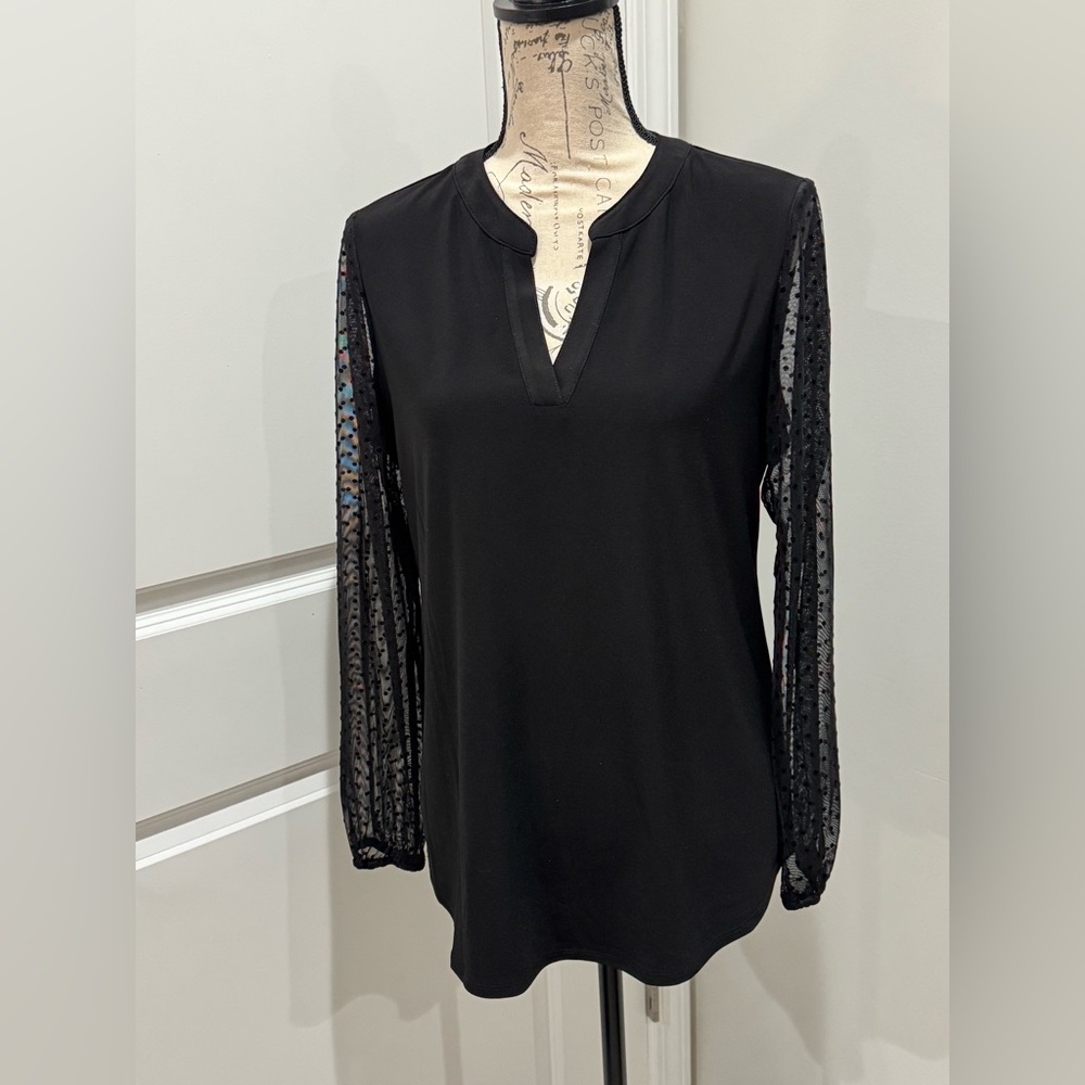 Kasper Black Blouse with Sheer Sleeves